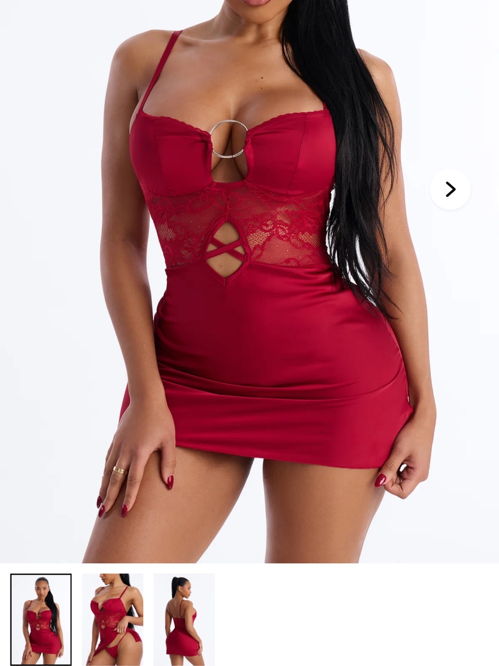2/75$🔥Red Lace-Panel Satin Mini Dress